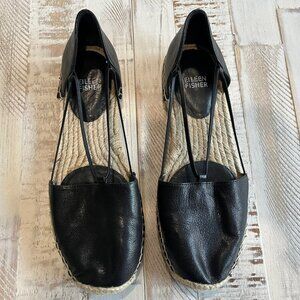 Eileen Fisher Lee Black Leather d'Orsay Espadrille Flat Slip On Sandal Shoes 7.5